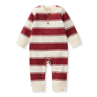 Burt's Bees Rugby Peace Stripe Baby Boy Jumpsuit - Brick Red
