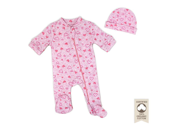Preemie Heather Sleeper with Cap: Pink Hearts
