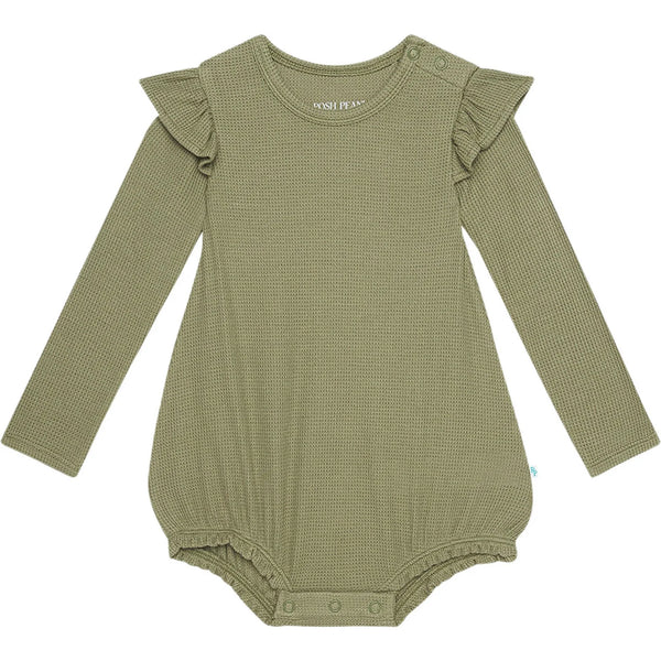 Posh Peanut Waffle Bodysuit Ruffles (Olive)