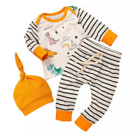 3 Piece Mustard Striped Dinosaur Pajama Set with Beanie