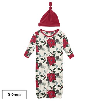 Kickee Pants Christmas Floral Layette Gown and Single Knot Hat Set