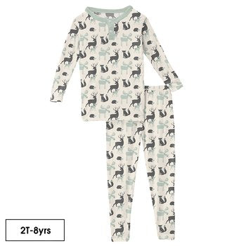 Kickee Pants Long Sleeve Henley Pajama Natural Forest Animals