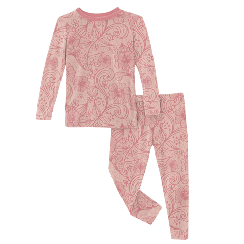 Kickee Pants Print Long Sleeve Pajama Peach Blossom Lace