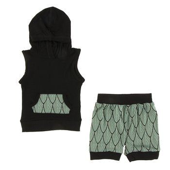 Kickee- Print Short Sleeve Hoodie Tank Outfit (Midnight Feathers)