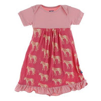 Kickee-  Print Short Sleeve One Piece Dress Romper (Red Ginger Unicorns)