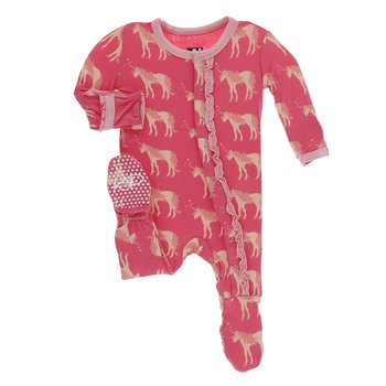 Kickee- Print Classic Ruffle Footie with Snaps (Red Ginger Unicorns - Newborn)