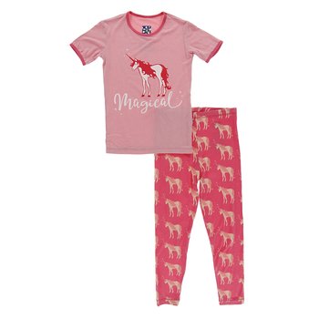 Kickee-  Short Sleeve Piece Print Pajama Set (Red Ginger Unicorns)