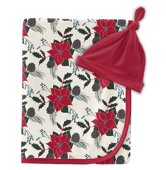 Kickee Pants Christmas Floral Swaddling Blanket and Knot Hat Set