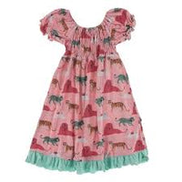 Kickee- Print Gathered Dress (Strawberry Big Cat)