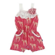 Kickee- Print Flower Romper with Pockets (Red Ginger Unicorns)