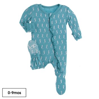 Kickee Pants- Muffin Ruffle Footie with Zipper Neptune Mini Seahorses