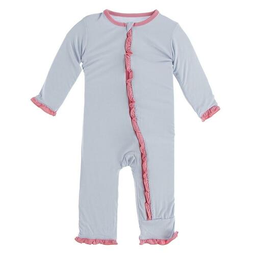 Kickee- Solid Classic Ruffle Coverall with Zipper (Dew with Strawberry